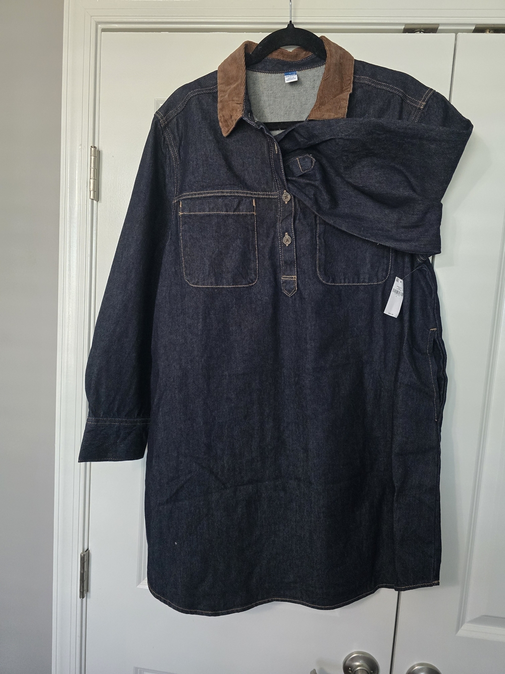 Women's Dark Indigo Denim Dress with Brown Corduroy Collar